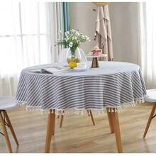 Round Tablecloth Stripe Tassel Table Cloth Cotton Blend Dust-Proof Table Cover For Dining Circle Coffee Side End Card Tables, Parties Holiday Indoor Outdoor Use (Blue/White Stripes, 60 Inch) - Blue60Round - View 3