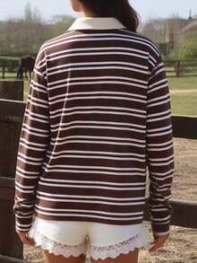 Women Striped Color Block Sweatshirt Lapel Collared Long Sleeve Oversized Rugby Shirt  Fall Clothes - Coffee Brown - View 5