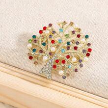 Weihnachtsbrosche mit Wohlstandsbaum, glänzend goldfarbene Zinklegierung Anstecknadel mit bunten Kunstperlen und Strass, geeignet als Geschenk für Feiertage, Familienzusammenkünfte, Frauenschmuckzubehör