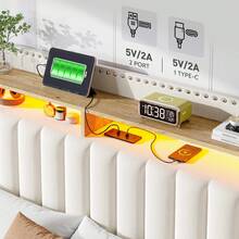 Full/Queen/King Size Bed Frame With 2 Storage Drawers Upholstered Platform Bed Frame With LED Lights, Charging Station And Headboard, Beige - 米色 - 查看 5