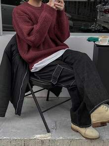 Lightweight, Loose Fit Knit Sweater With Textured Pattern, Casual Unisex Design, Suitable For Autumn And Winter, Long Sleeve Top - Red - View 3