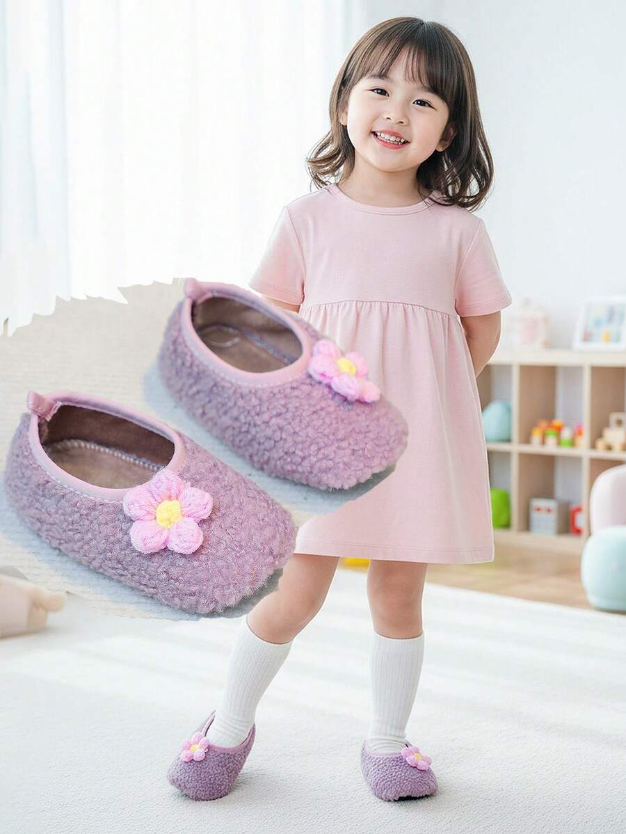 1 双幼儿花卉保暖内衬防滑软底室内拖鞋,温暖舒适,易于穿着和清洁,适合男婴和女婴,理想的节日礼物 - 紫色 - 查看 1