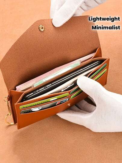 女士超薄按扣钱包，带卡槽和硬币袋 - 轻质合成皮革长款手拿包，含金色钥匙扣，多种颜色（桃色/浅蓝色/深棕色/紫色/红色/黑色），小巧的收纳包，简约的设计，光滑的质地，小巧的钱包，实用的礼物