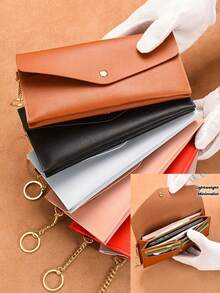 女士超薄按扣钱包,带卡槽和硬币袋 - 轻质合成皮革长款手拿包,含金色钥匙扣,多种颜色(桃色/浅蓝色/深棕色/紫色/红色/黑色),小巧的收纳包,简约的设计,光滑的质地,小巧的钱包,实用的礼物 - 彩色 - 查看 3