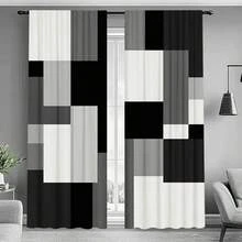 2pcs Modern Geometric Black - White - Gray Patchwork Curtains Upgrade Your Space With These Chic Patchwork Curtains! Featuring A Bold Mix Of Black, White, And Gray Geometric Blocks, They Bring A Contemporary, Artistic Vibe. Perfect For Modern Living Rooms, Offices, Or Any Area Needing A Stylish, Minimalist Touch. Durable Fabric, Easy To Match. - Multicolor - View 5