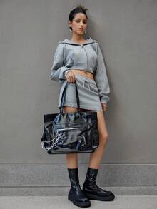 DareSee 1 chiếc túi tote dung tích lớn, kiểu dáng sinh viên, chất liệu da PU bóng, có khóa kéo trang trí, túi xách thời trang nữ, túi tote đi học, đồ dùng cần thiết cho sinh viên mùa đông, quà tặng lễ hội âm nhạc. - màu đen - Xem 6