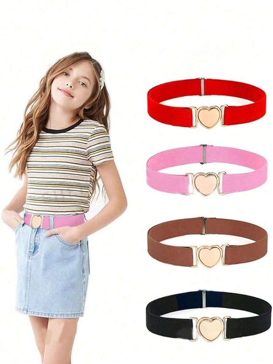Girls Belt Cute Heart Shape With Metal Buckle Elastic Stretch Adjustable Waist Belt For Girls Jeans Dress