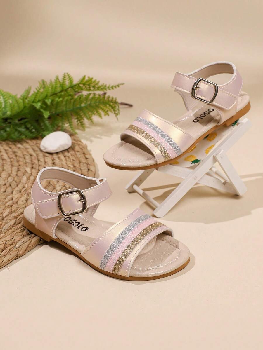 DDXDR 闪光金条纹女童凉鞋 - 夏季时尚户外凉鞋，新款女童鞋，时尚沙滩凉鞋 - 淺粉色 - 查看 1