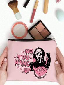 2 piezas, Bolsa de maquillaje con estampado de llamadas de la muerte rosa de Halloween y bolsa de cosméticos con cremallera y bolsa de artículos de tocador - Estilo gótico oscuro de la academia, bolsa de medicina reutilizable con tema de terror, bolsa de almacenamiento de bolígrafos, bolsa de viaje y maquillaje - Para la escuela, la decoración del hogar de verano, la bolsa de aperitivos de 9 "x 6" artículos de viaje, vacaciones, organizador de maquillaje, bolsa de viaje para mujeres