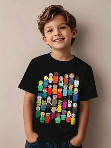 Charming Colorful Pixel  Pattern T-Shirt - Casual Round Neck Top With Vibrant Character Design In Black - Black - View 1