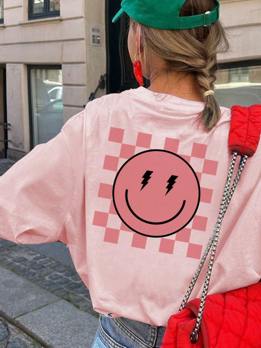 1 pieza Camiseta de manga larga con cuello redondo y estampado de cara sonriente casual para niñas, diseño brillante y alegre para estudiantes, otoño/invierno - Rosa - Ver 1