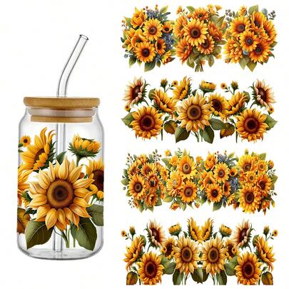 4 Pacotes de Papel de Transferência DTF Autoadesivo Impermeável de Cristal 3D com Padrão Vibrante de Girassol, Papel de Transferência de Arte para Decoração de Copos de 16 oz, Garrafas, Potes de Vidro, Artesanato de Móveis e Moda Feminina - Material de Plástico de Alta Qualidade (4,3X9,4 polegadas)