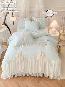 3pcs Princess Style Lace Bedding Set, White Bowknot Decor Duvet Cover & Pillow Shams (No Filling) - Blue - View 10