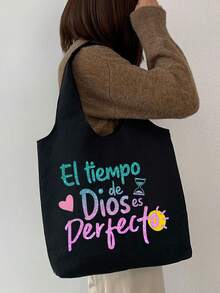 Printed Canvas Tote Bag With "El-Tiempo" Colorful Letter Print Pattern, Portable Casual Storage Handbag, Multifunctional Shopping Bag, Minimalist Travel Storage Bag, Large Capacity Travel Cosmetic Bag, Newly Designed With Ample Space, Ideal For Shopping, Wedding, Birthday, Beach, Holiday, Back To School - Black - View 10