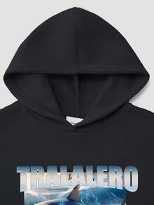 Tween男孩 Tralalero Tralala 四足鯊魚AI圖案運動鞋，休閒百搭寬鬆運動街頭風，棉墊舒適長袖上衣運動衫 - 黑色2 - 查看 7