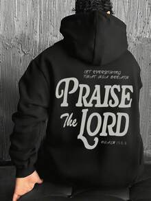 Krometka Men's Autumn/Winter Street Casual Slogan "PRAISE THE LORD" Print Hoodie Sweatshirt - Black - View 3