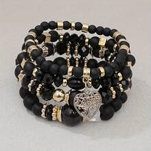Multi-Layer Boho Heart Charm Acrylic Women Bead Bracelet 4Pcs/Set Synthetic December Birthstone Bohemian Style Colorful Handcrafted Beaded Stackable For Daily, Mardi Gras, Party Wear, Gifts - 黑色 - 查看 2
