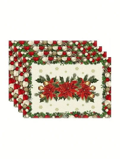 1/4/6/8/12 件圣诞餐垫 - 带有节日花卉和雪花图案，圣诞节餐桌装饰，涤纶编织矩形桌垫，可机洗，适合室内/室外使用，12.6x16.5 英寸 - 农舍厨房餐厅装饰，季节性和节日餐桌布置，室内外餐具，节日餐桌布置，装饰性桌垫