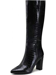 Women's Knee High Riding Boots - Tall, Long Calf High GoGo Chunky Faux Boots - Block Heel Pointed Toe - Size 6-11, Fashionable, 2025 Style - White - View 9