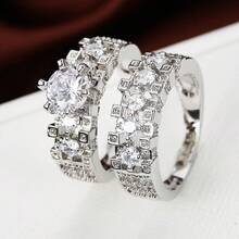2pcs Luxury Zirconia Inlaid Combination Rings, Engagement Wedding Rings With Big Zirconia