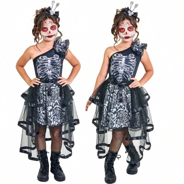Fantasia Infantil Caveira Mexicana Bruxinha Esqueleto Festa Luxo Halloween Dia das Bruxas