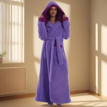 Bata de baño de franela para mujer, bata de dormir con cuello de chal grueso, bata con capucha esponjosa y cálida, bata con capucha de unicolor y mangas largas gruesas para pareja, otoño/invierno