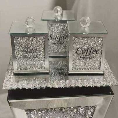 Biznest Set Of 3 Diamond Crushed Tea Coffee Sugar Canisters Square Jars Kitchen Storage Silver Trimmings Crystal Filled