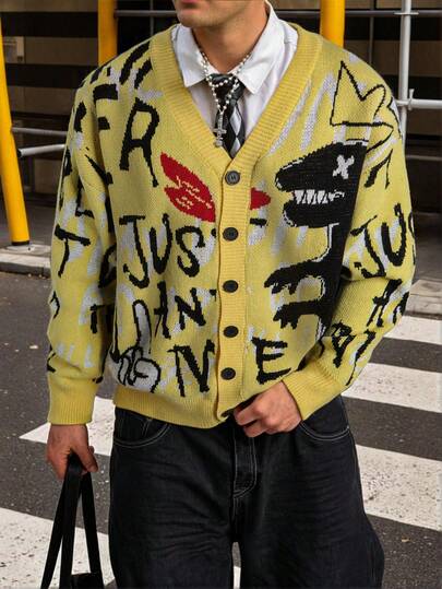 ANDREILEE Men's Street American Style Personalized Letter & Dinosaur Print Yellow V-Neck Long Sleeve Sweater, Casual Loose Fit Cardigan Knit Top, Autumn/Winter