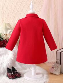 女童优雅复古翻领蝴蝶结大衣，舒适保暖的中长款外套，适合秋冬季穿着 - 紅色 - 查看 2