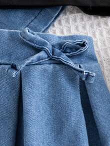 3 PiecesYoung Girl Fashion Casual Denim Jacket, Black Camisole Top, And Pleated Denim Mini Skirt Set, Suitable For Daily, Outdoor, School, And Vacation