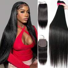 Jessenia Hair Paquetes de cabello humano recto de hueso crudo con cierre de encaje 4x4 y paquetes de 30 pulgadas de doble trama al por mayor