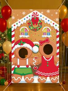 1pc Gingerbread Man Christmas Photo Backdrop Banner, Christmas Photo Props, Vinyl Christmas Photography Backdground Cloth, Christmas Door Cover, Merry Christmas Decorations For Home, Christmas Party Photoshoot Background Decor, Christmas Wall Decor