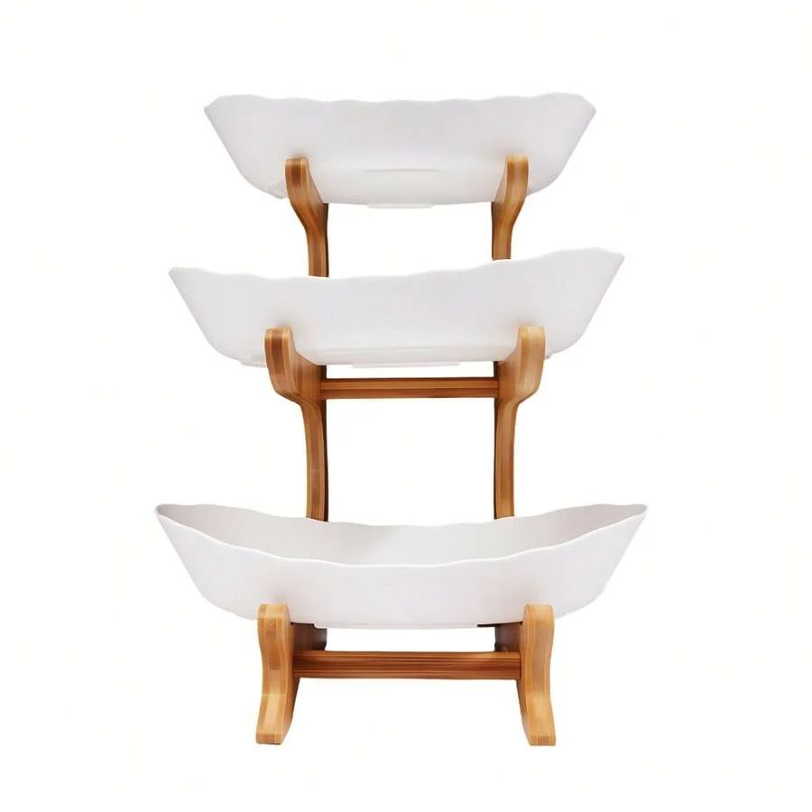 White 3-Tier Plastic Fruit Stand, Bamboo-Style Multi-Level Display Tray For Party Snacks & Dessert Serving With Stable Base - Wood, White - View 1