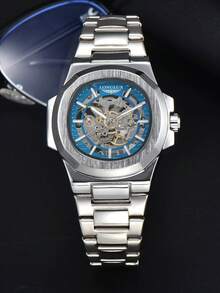 LONGLUX 1pc Men's Hollow Automatic Mechanical Watch, Stainless Steel Strap, Business Wrist Watch
