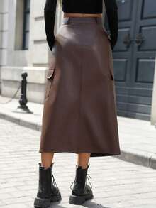 时尚音乐节休闲别致性感优雅女士A字PU中长裙，春夏 - 咖啡棕 - 查看 6