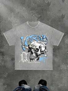 1 Piece Men's Retro 230g Washed Cotton T-Shirt, Printing "URANIUM" Grunge Style, Streetwear, Large T-Shirt, Jesus Shirt, Graphic Y2K Shirt, Acid-Washed T-Shirt, Christian Clothing, Gothic Punk - 灰色 1 - 查看 1