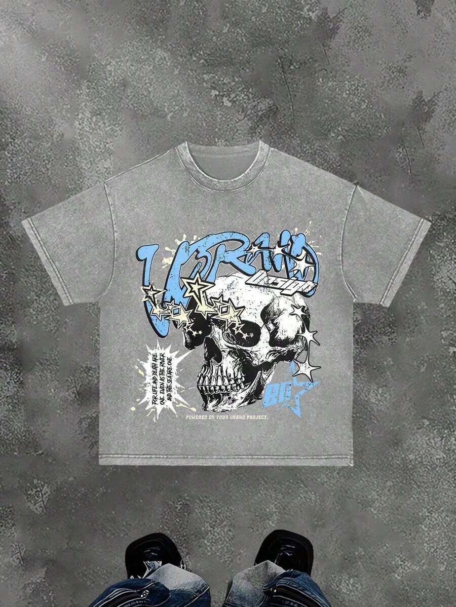 1 Piece Men's Retro 230g Washed Cotton T-Shirt, Printing "URANIUM" Grunge Style, Streetwear, Large T-Shirt, Jesus Shirt, Graphic Y2K Shirt, Acid-Washed T-Shirt, Christian Clothing, Gothic Punk - 灰色 1 - 查看 1