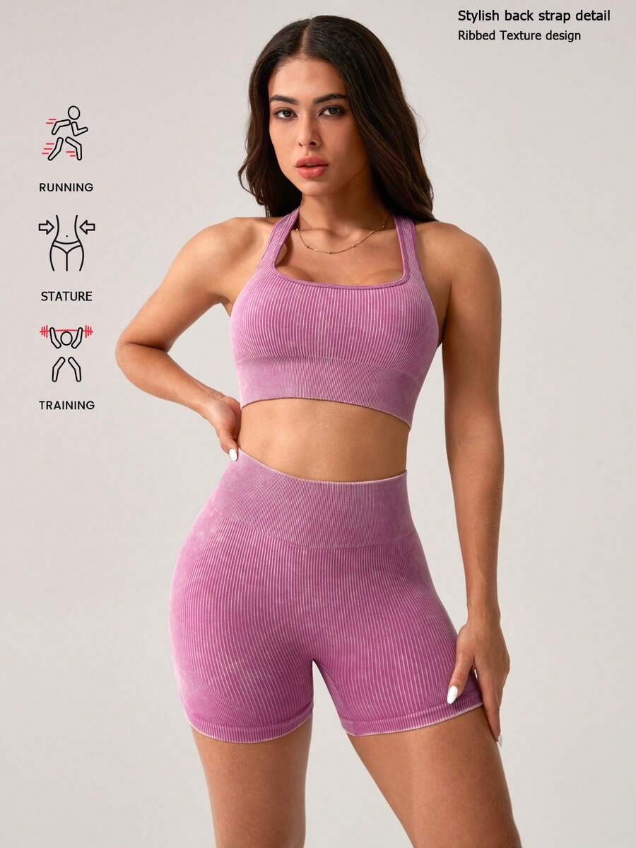 NcmRyu Women's Ribbed Knit Sports Bra & High-Waisted Shorts Set - Stretchy Comfortable Activewear With Ribbed Texture, Ideal For Yoga, Workout, Gym, Running & Outdoor Activities - 粉色 - 查看 1