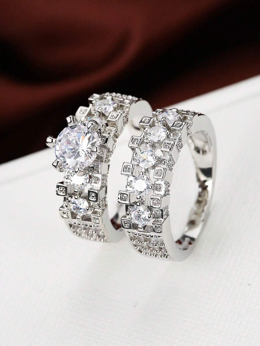 2pcs Luxury Zirconia Inlaid Combination Rings, Engagement Wedding Rings With Big Zirconia