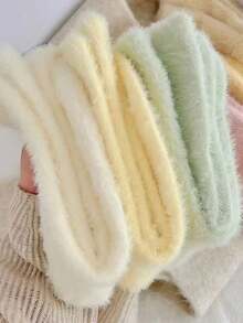 4 Pairs Solid Color Mink Plush Thick Warm Mid-Calf Socks For Women, Japanese Style Fluffy Socks For Autumn/Winter