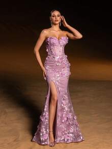 Faeriesty Haute Glamour Elegant Strapless Evening Gown With 3D Floral Appliques – Fitted Bodice Adorned With Embroidery, Mermaid Silhouette For Weddings, Galas, Proms & High-End Dinner Gatherings For Women