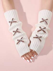 1 Pair Bow Decor Fingerless Gloves For Women, Knitted Warm Mid-Length Arm Warmers, Cute & Stylish For Autumn/Winter