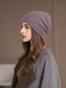 1pc Women's Rabbit Fur Knit Rhinestone Beanie Hat, Autumn/Winter Warm Thick Windproof Ski Cap, Fashionable & Versatile