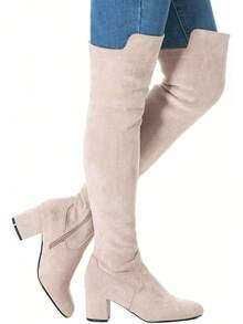 Women Over Knee Boots Thigh High Suede Black Block Low 2 Inch Heel Chunky Above Knee Winter Pointed Toe, Fashionable Cold-Weather Boots - 奶油\2 1/2 英吋鞋跟 - 查看 2
