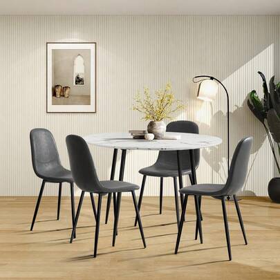 SUN YEE Dining Table Set Of 5, 110cm Round Table With Faux Marble Tabletop, 4PCS PU Leather Dining Chairs With Full Back And Metal Legs, Kitchen Furniture Set For Kitchen Living Room, Grey