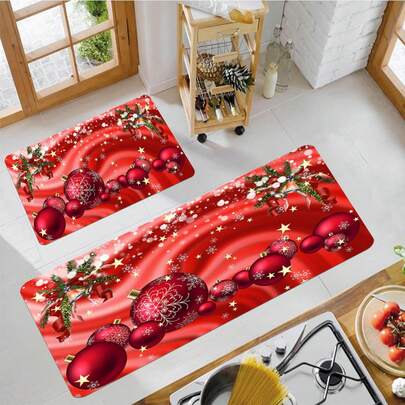1/2pcs Christmas Floor Mat, Classic Red Background Embellished With Beautiful Red Christmas Ball Pattern Kitchen Floor Mat, Suitable For Indoor/Outdoor Use, Perfect For Festive Activities, Christmas Atmosphere Decoration, Floor Decoration | Festive Floor Mat | Durable Floor Mat