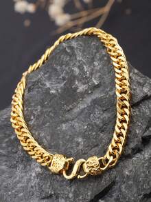 1 件 24K 镀金铜双面繁荣符号扁平双扣闪亮宽链手链配饰，可调节，时尚百搭，适合男士，适合日常佩戴、派对、送给男朋友/兄弟的礼物 - 雙面福字頭扁雙扣寬版男士手鍊 - 查看 2