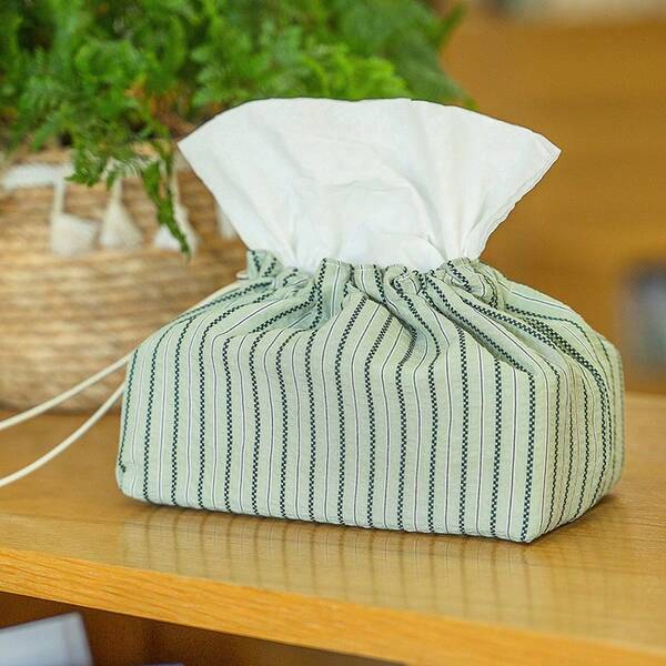1 pièce Boîte à mouchoirs en tissu, rayures vert clair avec cordon de serrage, lavable en machine