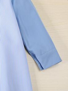 Autumn Girls' Collegiate Style Blue & White Striped Bow Decor Long Sleeve Casual Dress, Comfortable For Everyday Wear