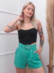 Bin Hang - Shorts de verão femininos com cós de metal e bainha enrolada